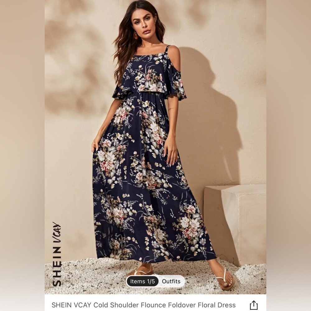 SHEIN VCAY Cold Shoulder Flounce Foldover Floral Dress